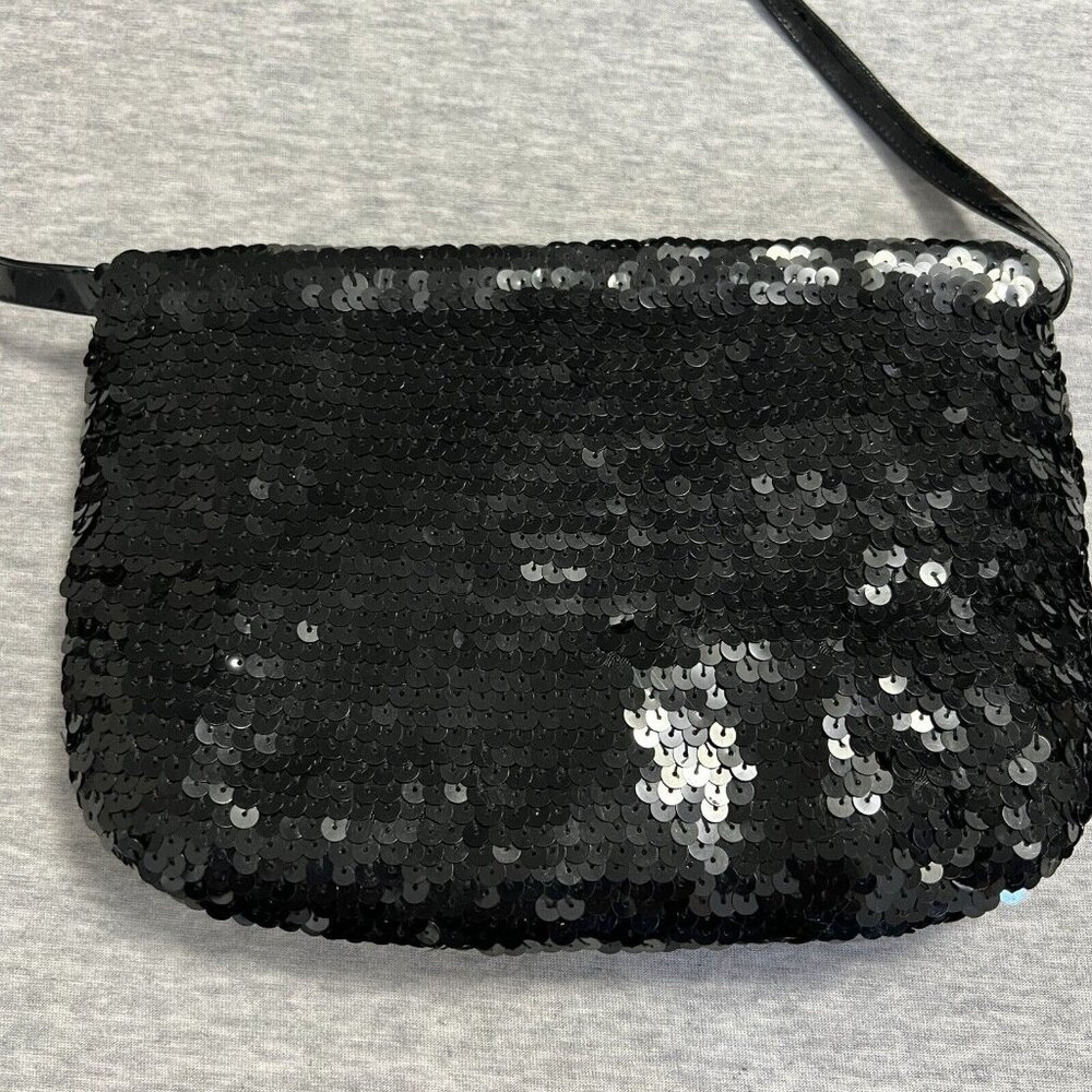 Vintage Frederico Leone Black Sequin Small Evening Bag Clutch Strap Holiday - Picture 7 of 11